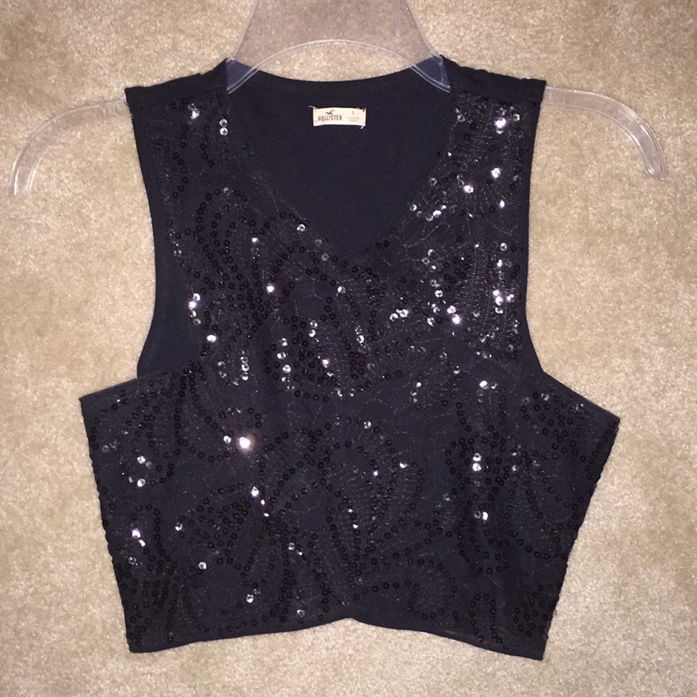 Black Small Sequin-Embroidered Hollister Crop Tank